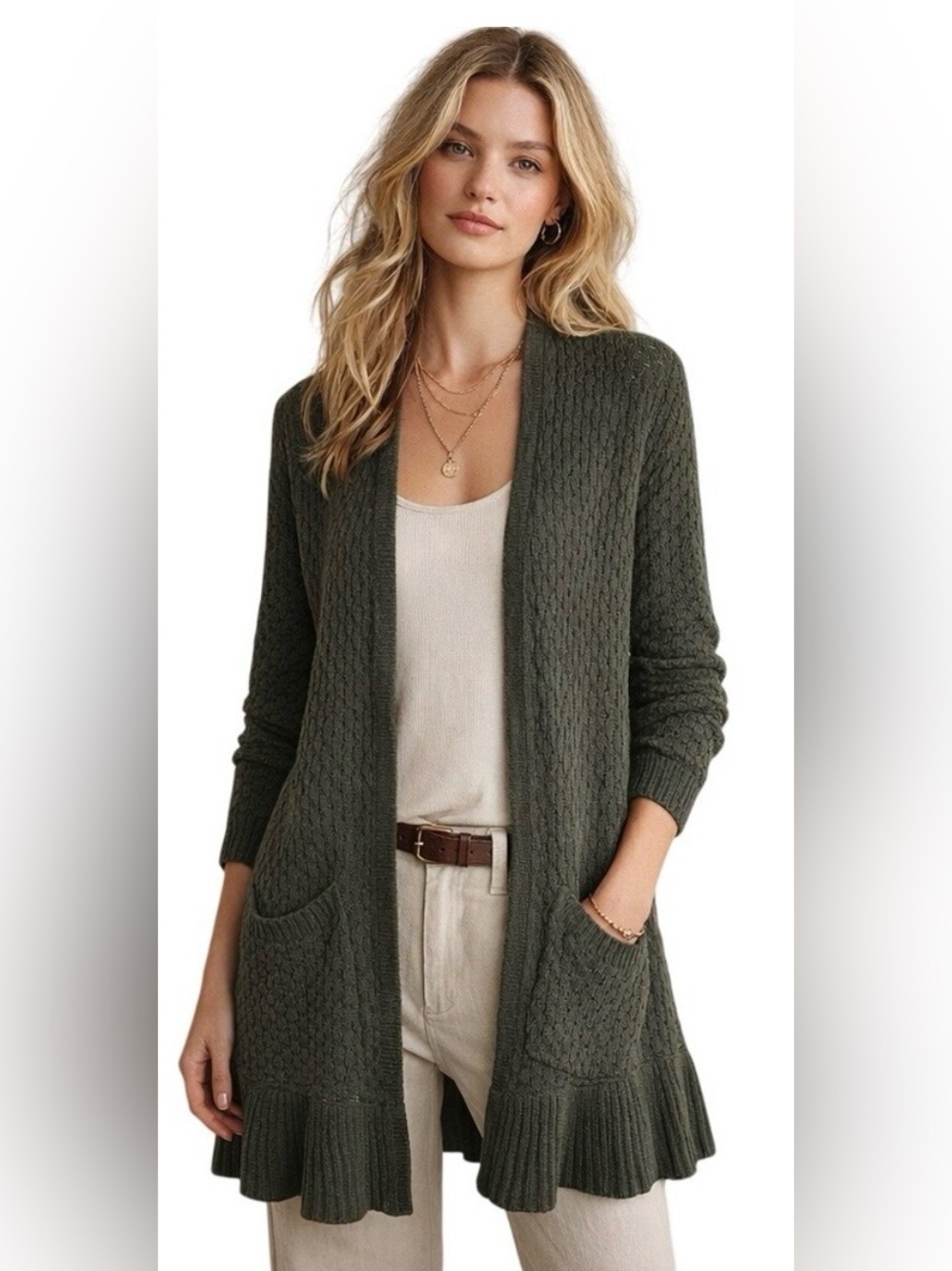 Anthropologie Guinevere Olive Green Long Sleeve Open Knit Cardigan